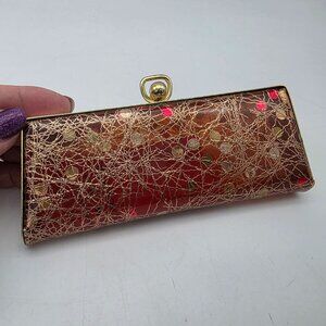 Vintage Gold & Red Metallic Glasses Case With Abstract Design Kiss Lock Closure